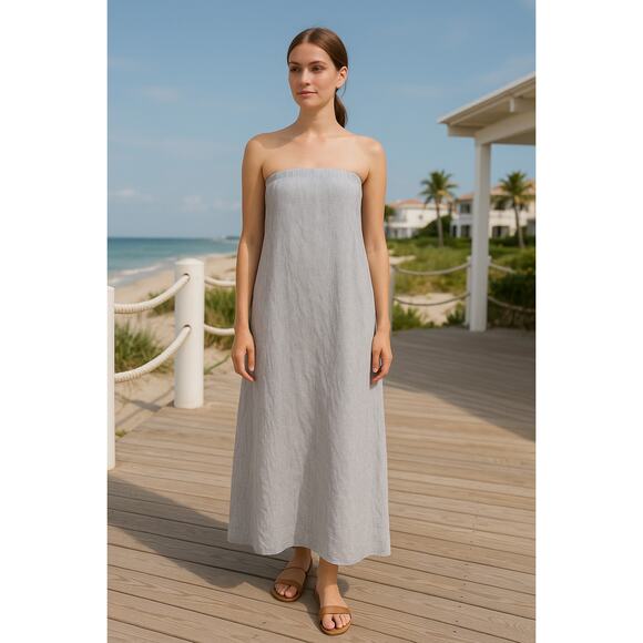 Quince 100% European Linen Strapless Maxi Dress – Blue Pinstripe – M – NWT - Picture 1 of 8